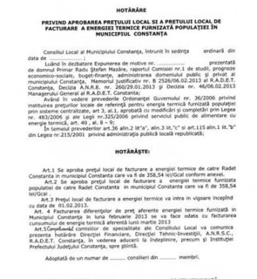 Iată care va fi preţul facturat de RADET pe gigacalorie! - ataşat, DOCUMENT